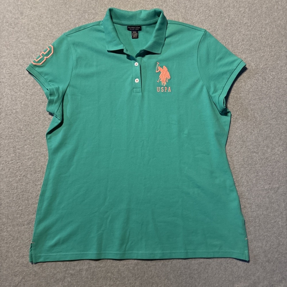 US Polo Assn USPA Big Pony #3 Women's 2XL  Green Polo Shirt Pink Logo Preppy Y2K